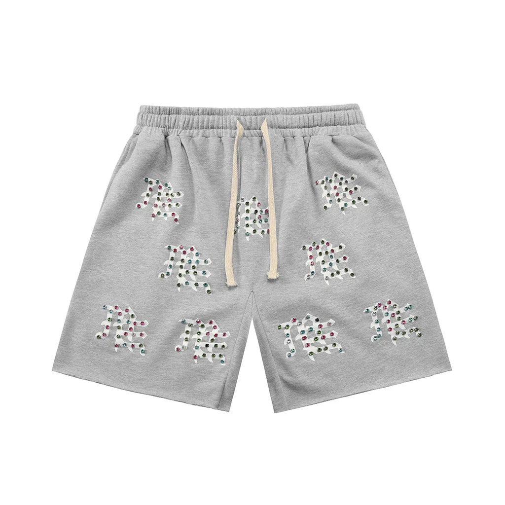 Mixed Emotion Casual Shorts – Rhinestone Gothic Letter Print