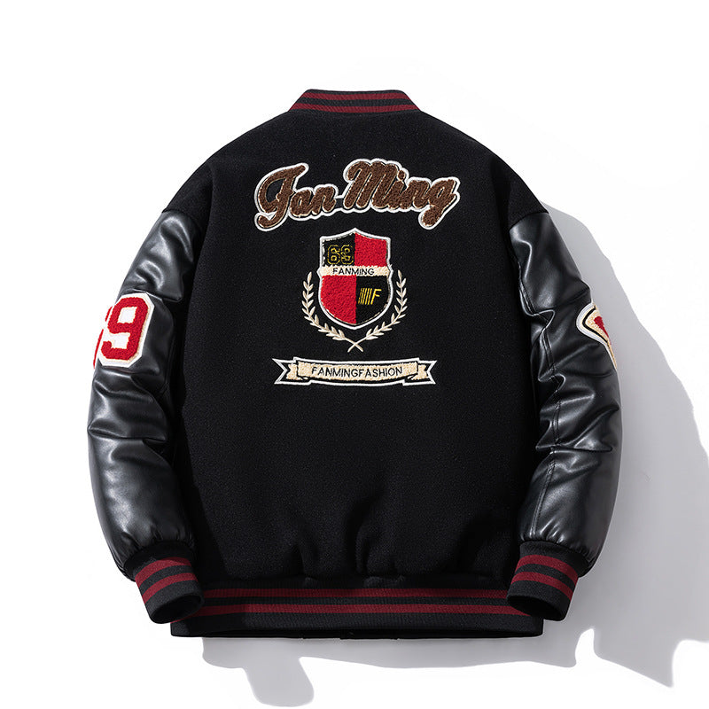 Embroidered Leather Jacket Padded Cotton