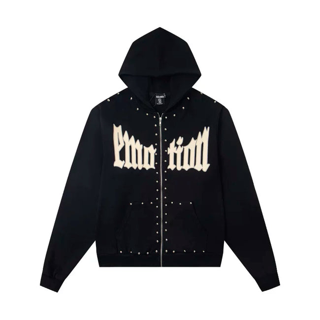 Mixed Emotion Studded Gothic Logo Zip‑Up Hoodie Hover Image