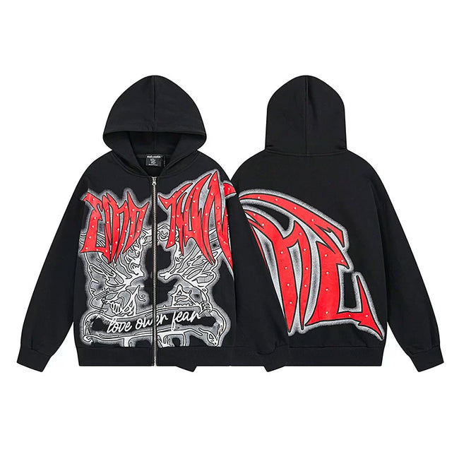 Mixed Emotion Black Zip Hoodie – Red White Art Print Hover Image