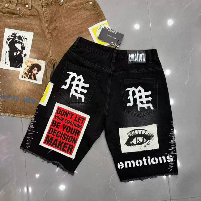 Mixed Emotion Black Denim Shorts – Patchwork Emotion Print Hover Image