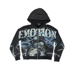Mixed Emotion Black Zip Hoodie – Blue Yellow Graffiti Portrait Print