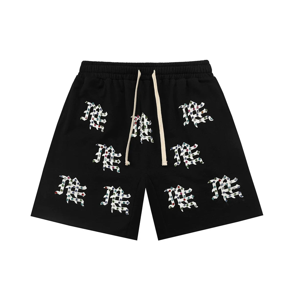 Mixed Emotion Casual Shorts – Rhinestone Gothic Letter Print