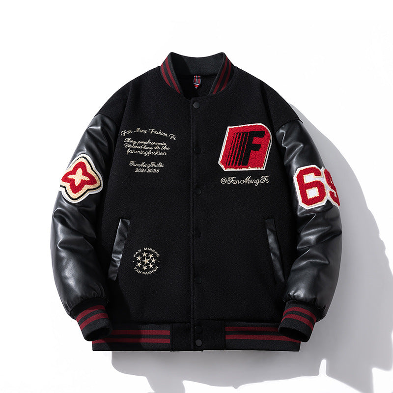 Embroidered Leather Jacket Padded Cotton