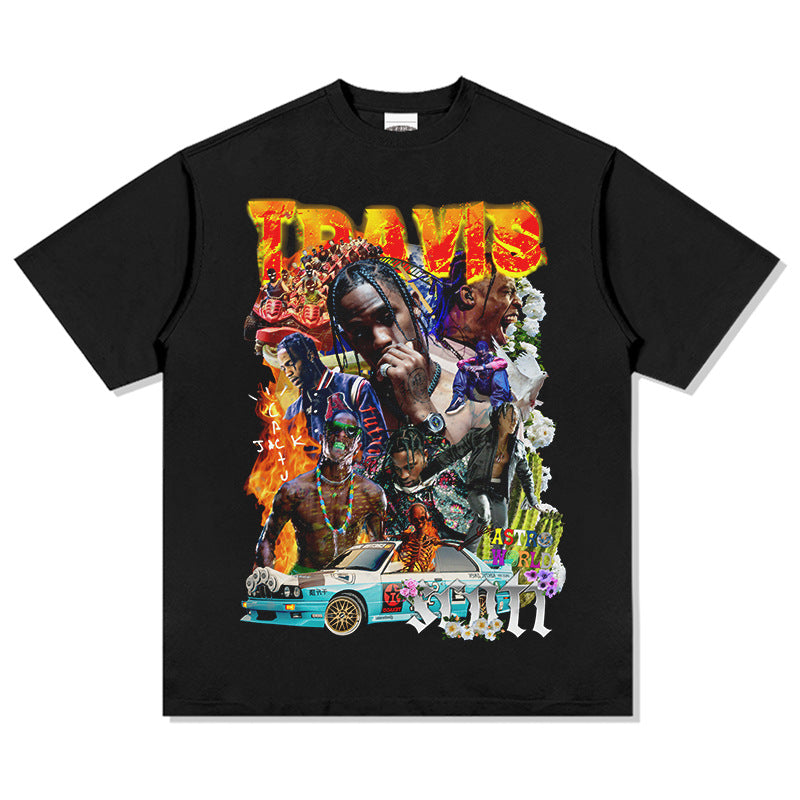2025 cross-border summer American retro classic portrait BIGFACE spray printed short sleeved pure cotton men's T-shirt (74)