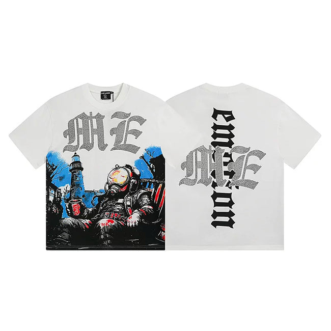 Mixed Emotion White Tee – Gothic Cross Deep Sea Diver Print Hover Image