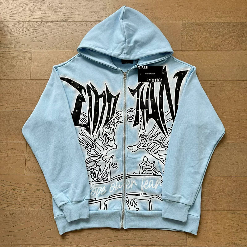 Mixed Emotion Light Blue Zip Hoodie – Black Art Print