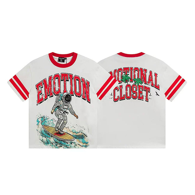 Mixed Emotion White Tee – Red Collar Astronaut Surfer Print Hover Image