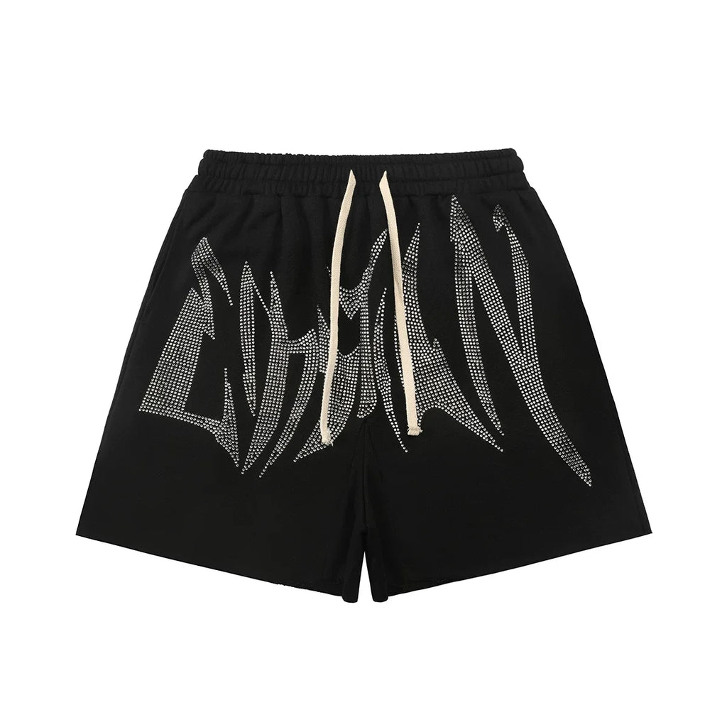 Mixed Emotion Black Shorts – White Rhinestone Art Letter Print