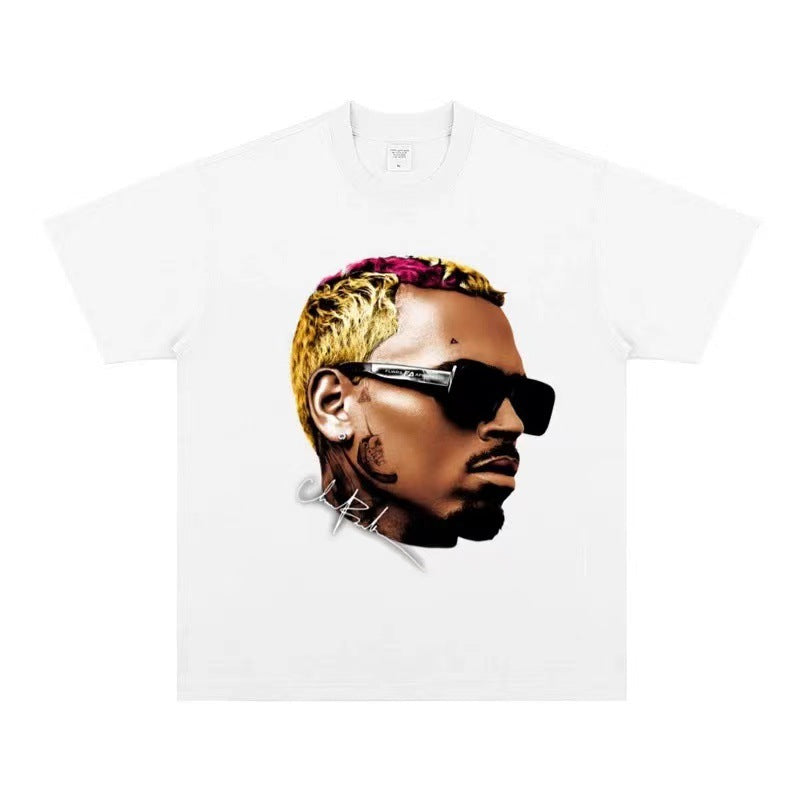 2025 cross-border summer American retro classic portrait BIGFACE spray printed short sleeved pure cotton men's T-shirt (47)