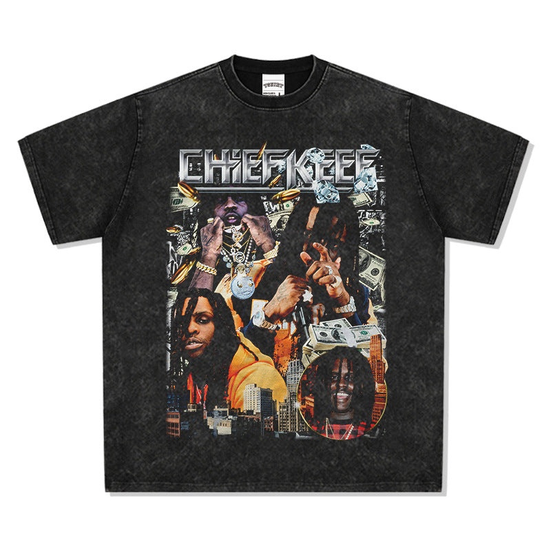 2025 cross-border summer American retro classic portrait BIGFACE spray printed short sleeved pure cotton men's T-shirt (68)