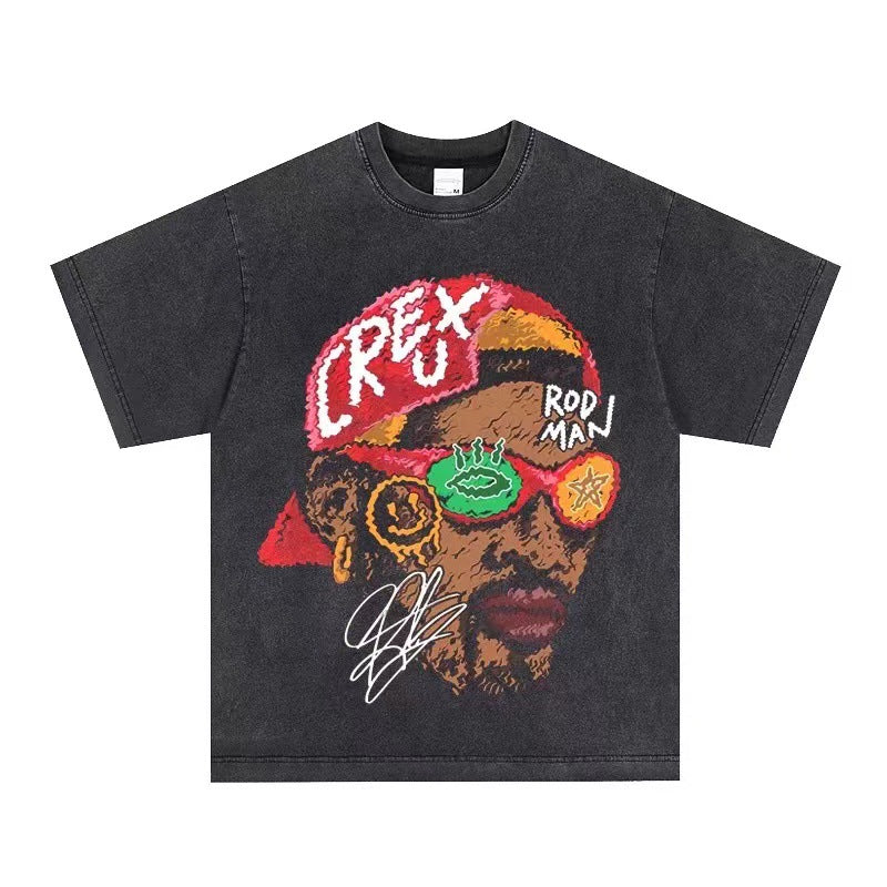 2025 cross-border summer American retro classic portrait BIGFACE spray printed short sleeved pure cotton men's T-shirt (37)