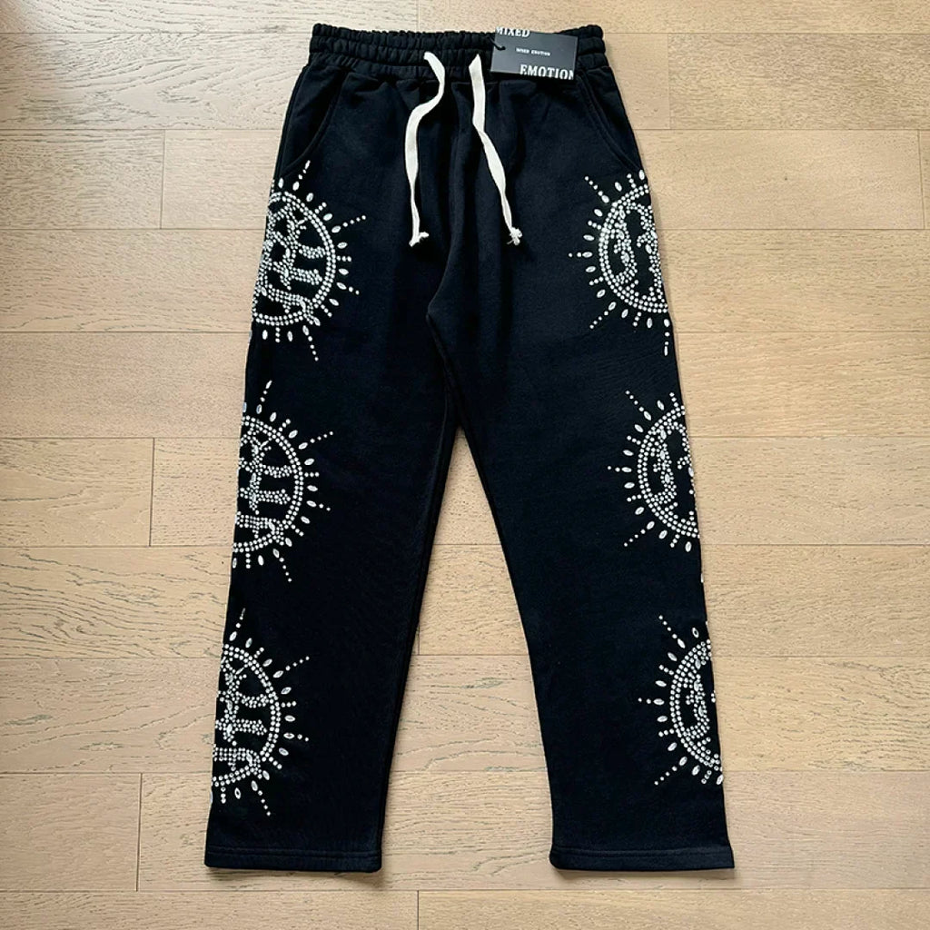 Mixed Emotion Rhinestone Sun Logo Zip‑Up Hoodie Tracksuit Set