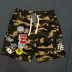 Mixed Emotion Camo Multi‑Patch Cargo Shorts