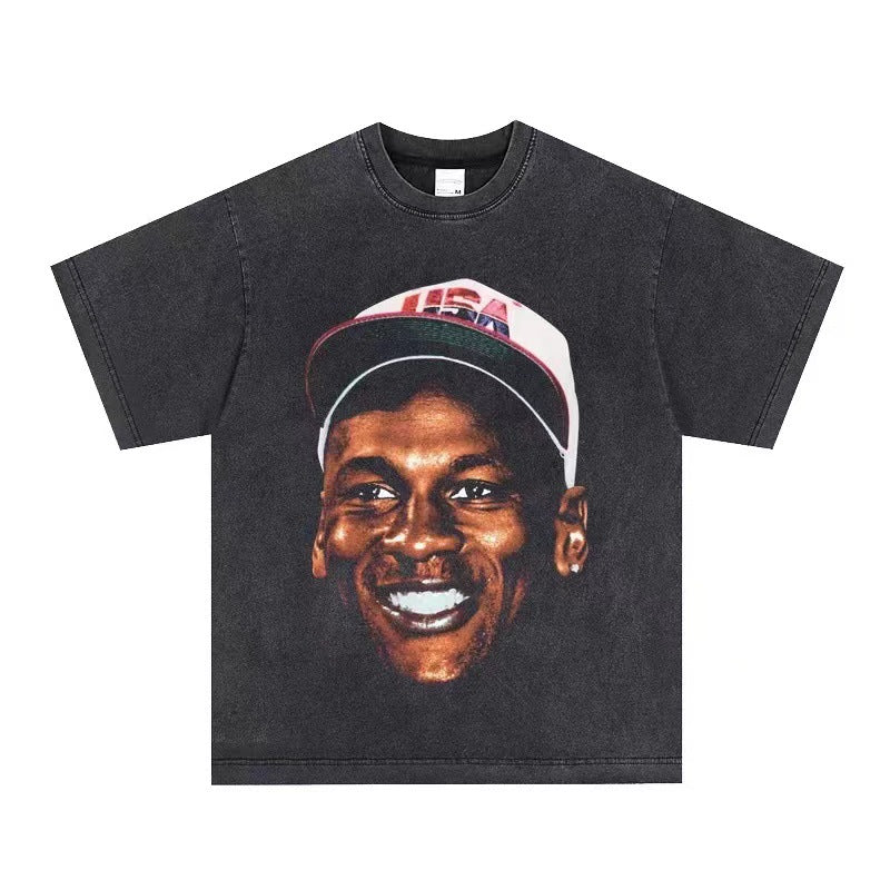 2025 cross-border summer American retro classic portrait BIGFACE spray printed short sleeved pure cotton men's T-shirt (18)