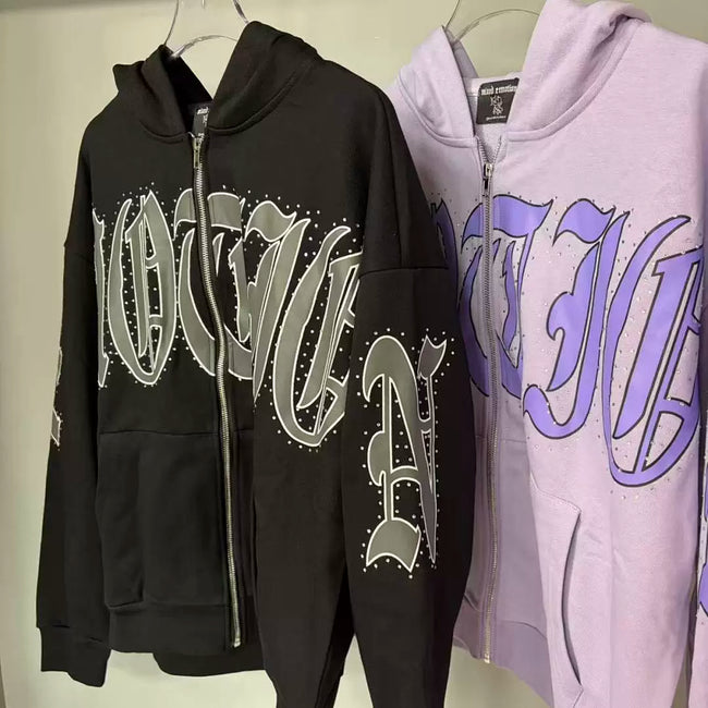 Mixed Emotion Rhinestone Gothic Letter Zip‑Up Hoodie Hover Image