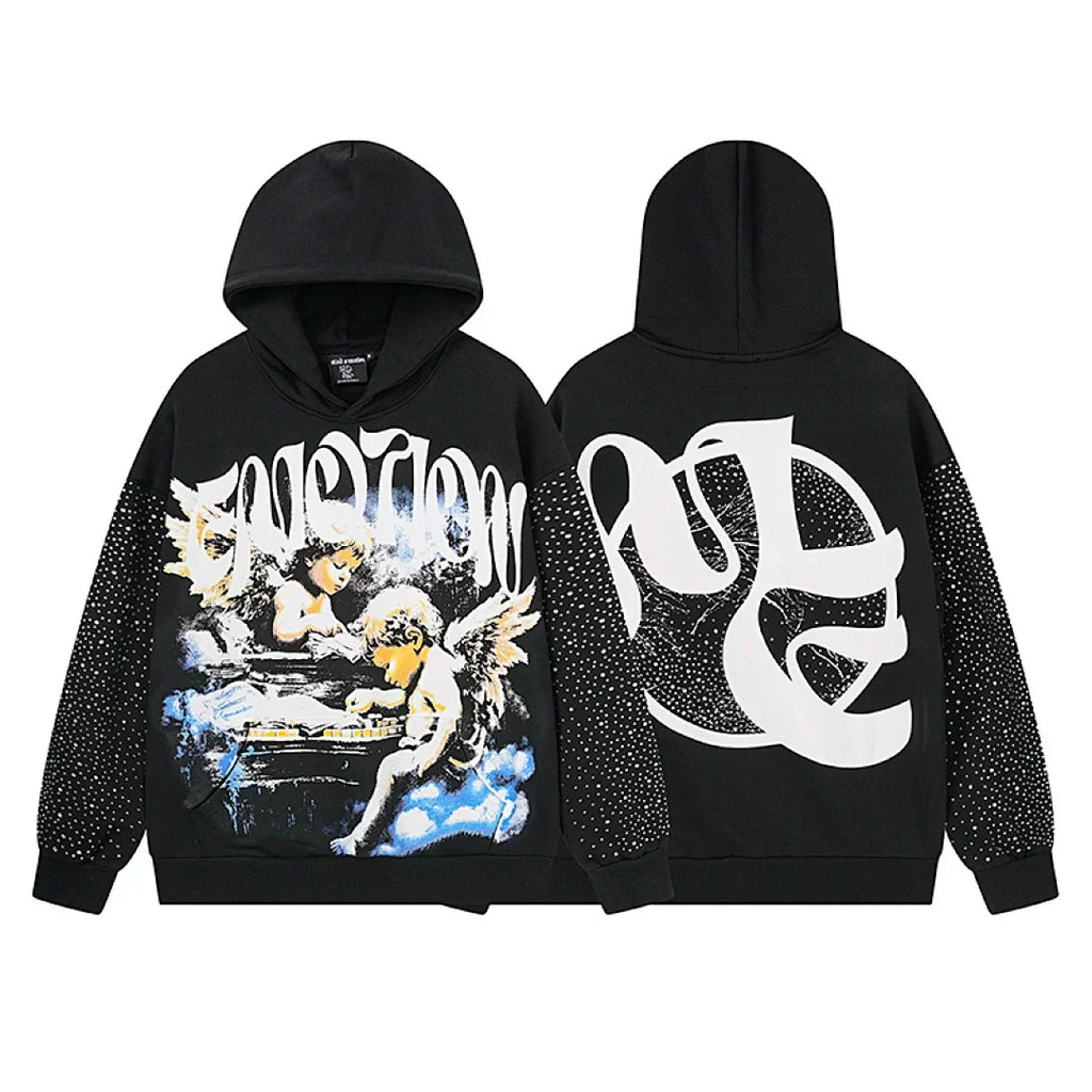 Mixed Emotion Vintage Angel Graphic Rhinestone‑Sleeve Hoodie