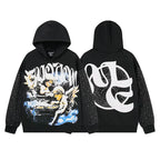 Mixed Emotion Vintage Angel Graphic Rhinestone‑Sleeve Hoodie