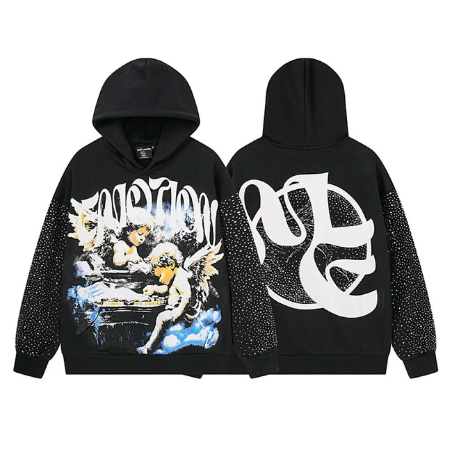 Mixed Emotion Vintage Angel Graphic Rhinestone‑Sleeve Hoodie Hover Image