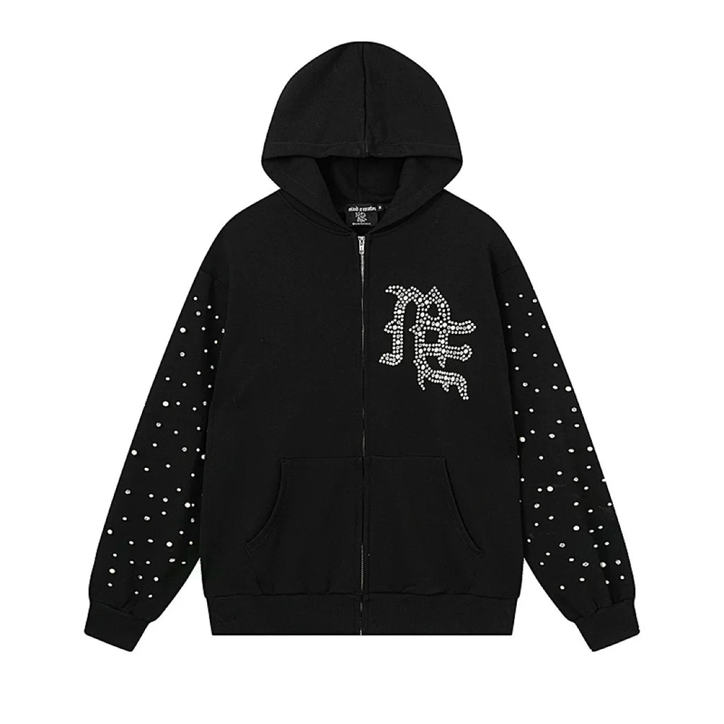 Mixed Emotion Rhinestone Logo Zip‑Up Hoodie Tracksuit Set