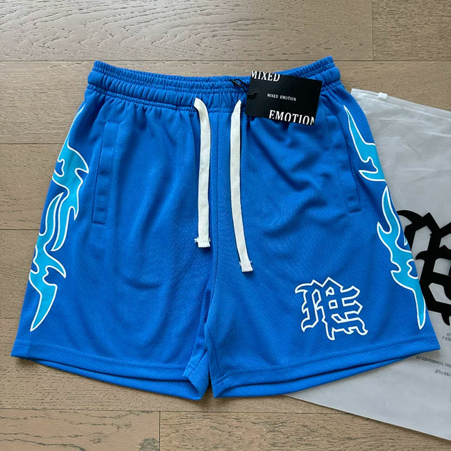 Mixed Emotion Gothic Logo Blue Mesh Streetwear Shorts Hover Image