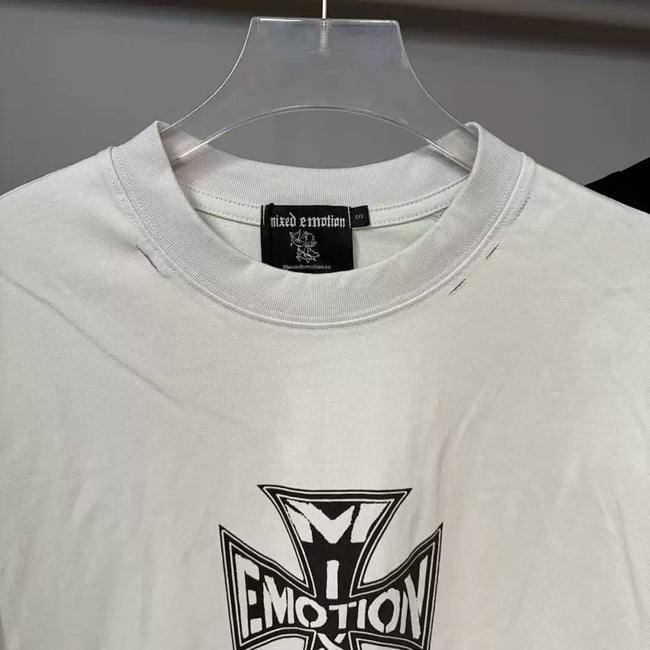 Mixed Emotion Cross Logo Distressed Short Sleeve T‑Shirt Main Image