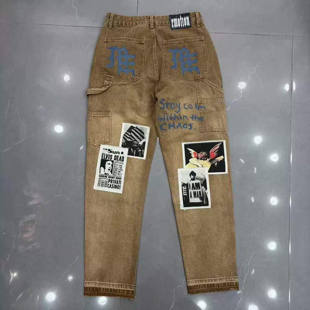 Mixed Emotion Newspaper Patchwork Flare Cargo Jeans