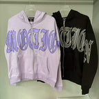 Mixed Emotion Rhinestone Gothic Letter Zip‑Up Hoodie