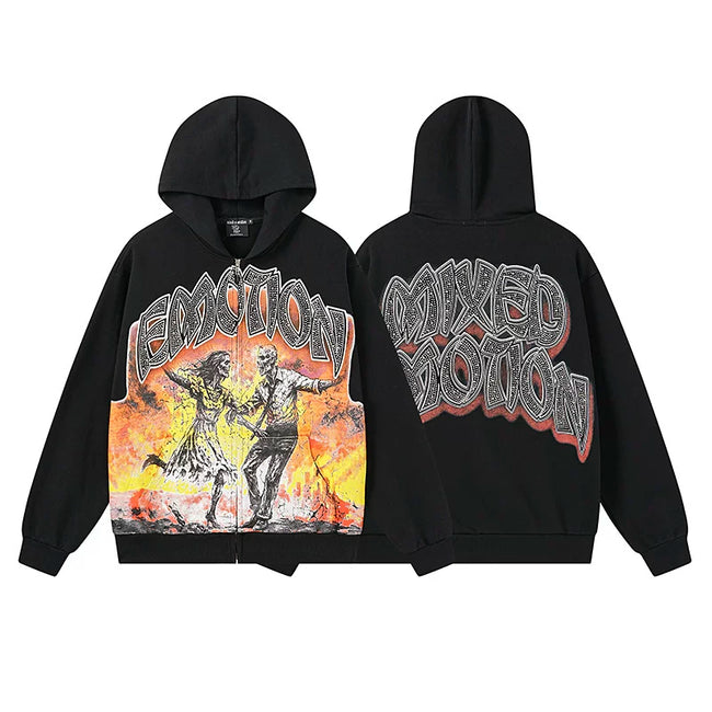 Mixed Emotion Black Zip Hoodie – Skull Dancers Emotion Print Hover Image