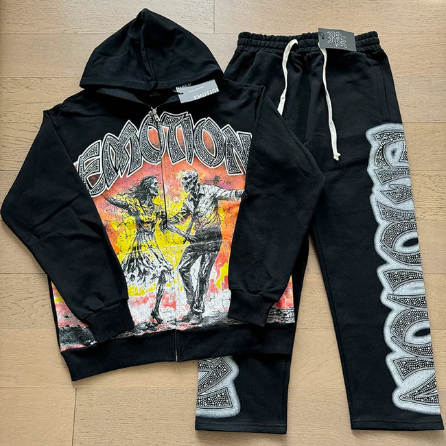 Mixed Emotion Skeleton Graphic Zip‑Up Hoodie Sweatpants Set Hover Image