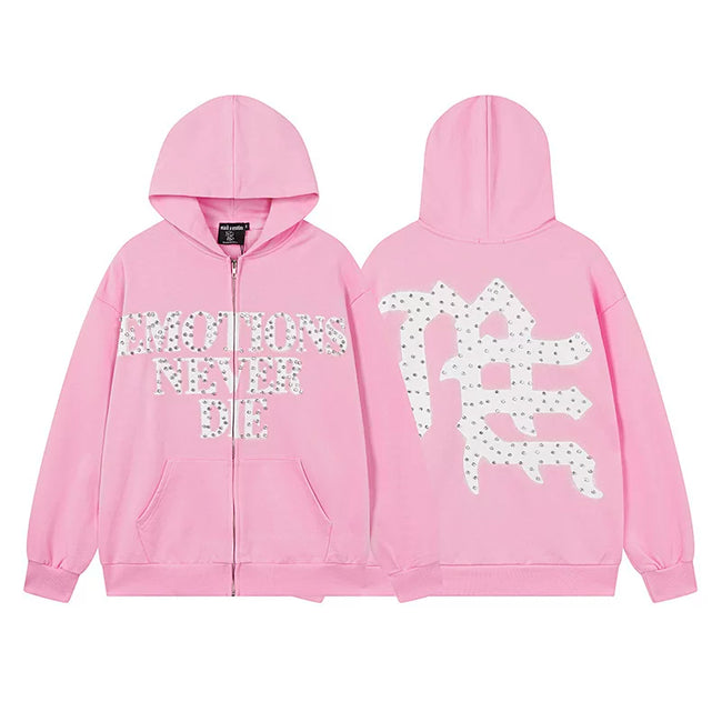 Mixed Emotion Emotions Never Die Rhinestone‑Effect Zip‑Up Hoodie Hover Image