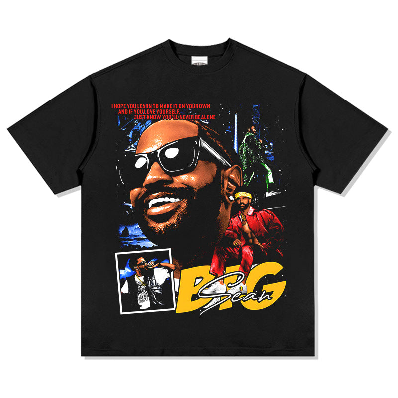 2025 cross-border summer American retro classic portrait BIGFACE spray printed short sleeved pure cotton men's T-shirt (76)