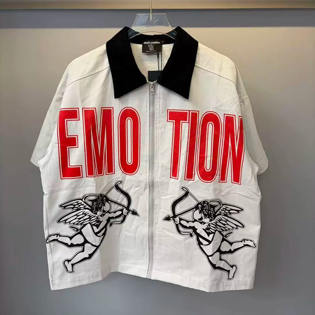 Mixed Emotion Cupid Graphic Zip‑Up Short Sleeve Shirt Hover Image