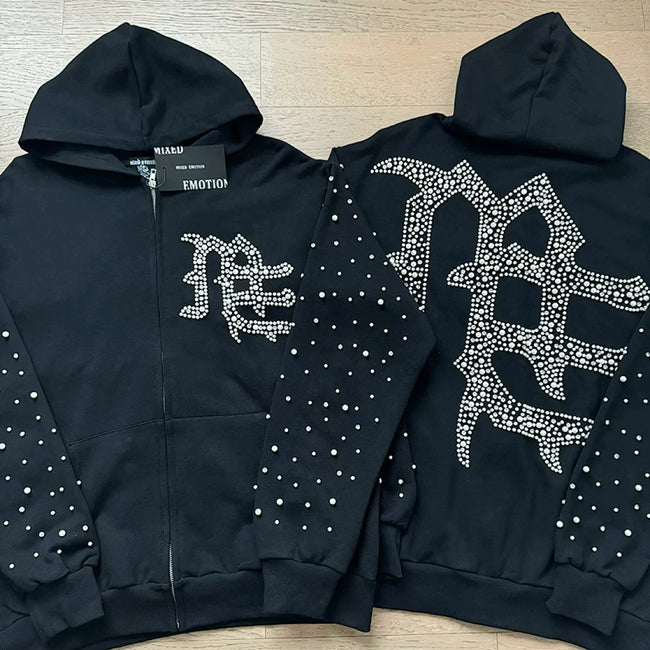 Mixed Emotion Rhinestone Logo Zip‑Up Hoodie Tracksuit Set Main Image