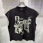 Mixed Emotion Washed Graphic Cut‑Off Sleeveless Tank Top