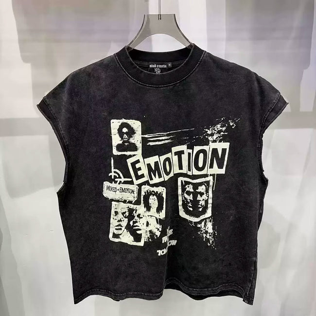 Mixed Emotion Washed Graphic Cut‑Off Sleeveless Tank Top Main Image