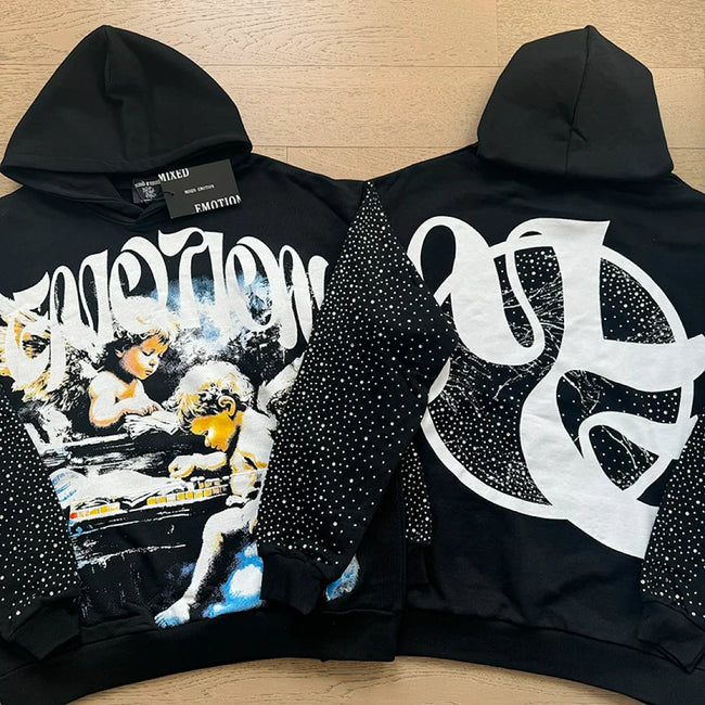 Mixed Emotion Vintage Angel Graphic Rhinestone‑Sleeve Hoodie Main Image