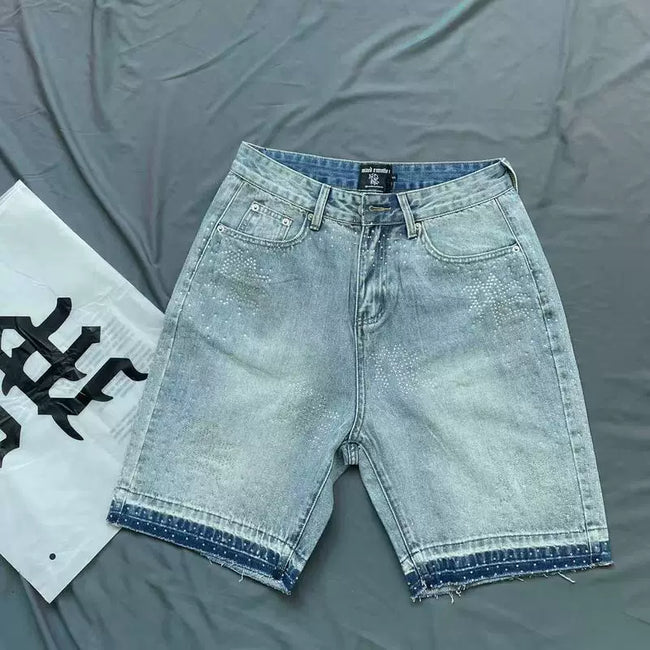 Mixed Emotion Washed Denim Shorts – White Rhinestone Print Hover Image