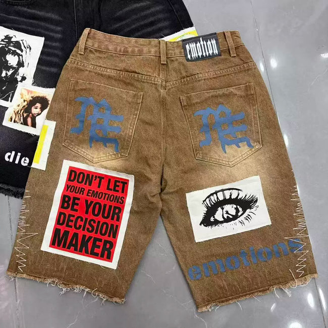 Mixed Emotion Black Denim Shorts – Patchwork Emotion Print Main Image