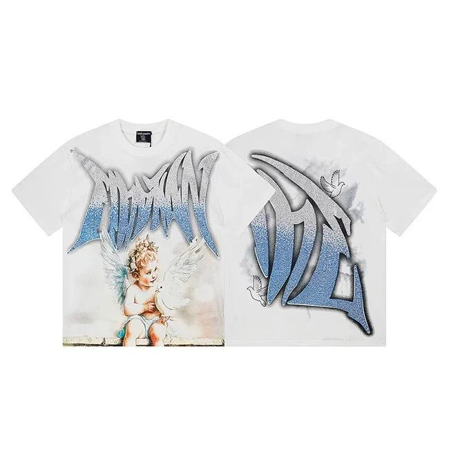 Mixed Emotion White Tee – Rhinestone Graffiti Angel Dove Print Hover Image