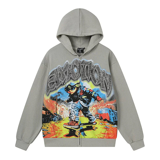 Mixed Emotion Skater Boy Graphic Zip‑Up Hoodie Hover Image