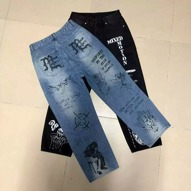 Mixed Motion Angel Sketch Print Baggy Denim Jeans Hover Image