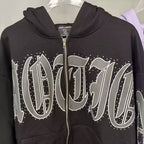 Mixed Emotion Rhinestone Gothic Letter Zip‑Up Hoodie