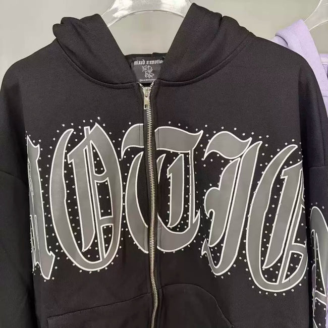Mixed Emotion Rhinestone Gothic Letter Zip‑Up Hoodie Main Image