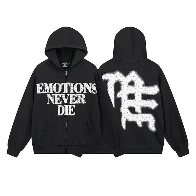 Mixed Emotion Black Zip Hoodie – White Emotions Never Die Print Hover Image