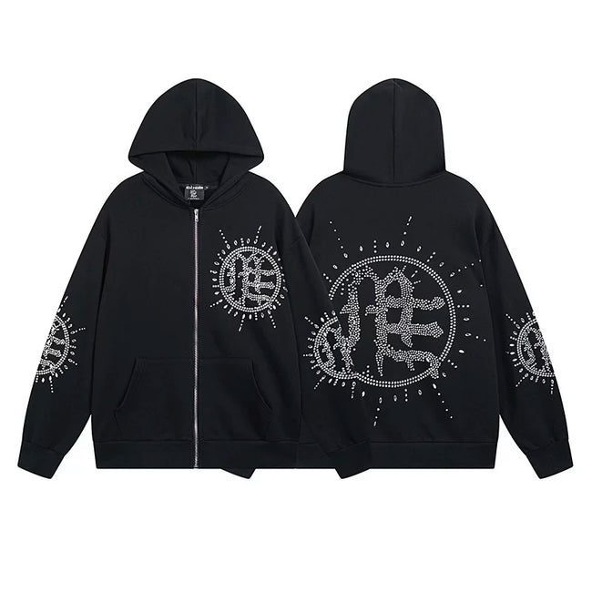 Mixed Emotion Black Zip Hoodie – White Rhinestone Logo Print Hover Image