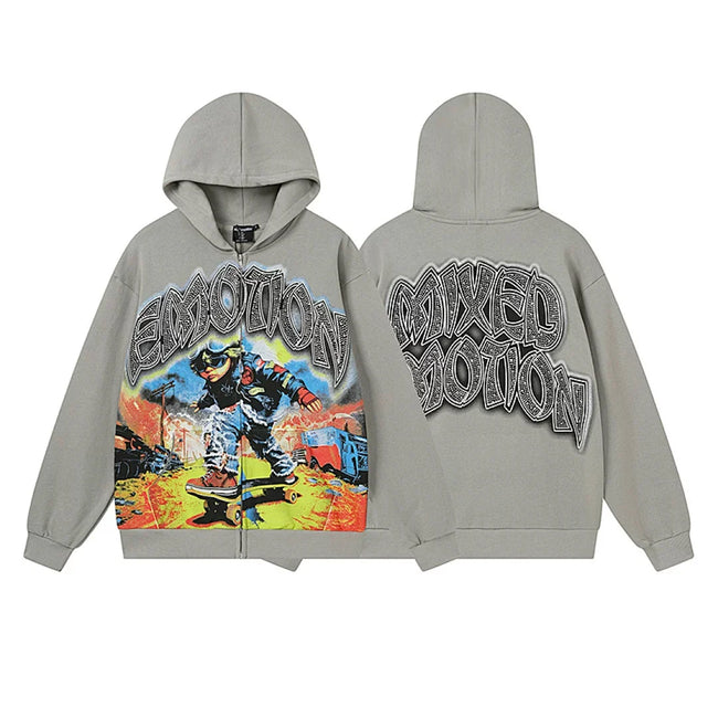 Mixed Emotion Skater Boy Graphic Zip‑Up Hoodie Main Image
