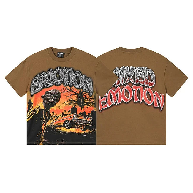 Mixed Emotion Brown Tee – Skull Emotion Horror Print Hover Image