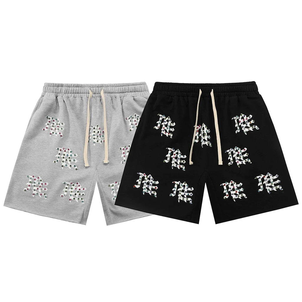 Mixed Emotion Casual Shorts – Rhinestone Gothic Letter Print
