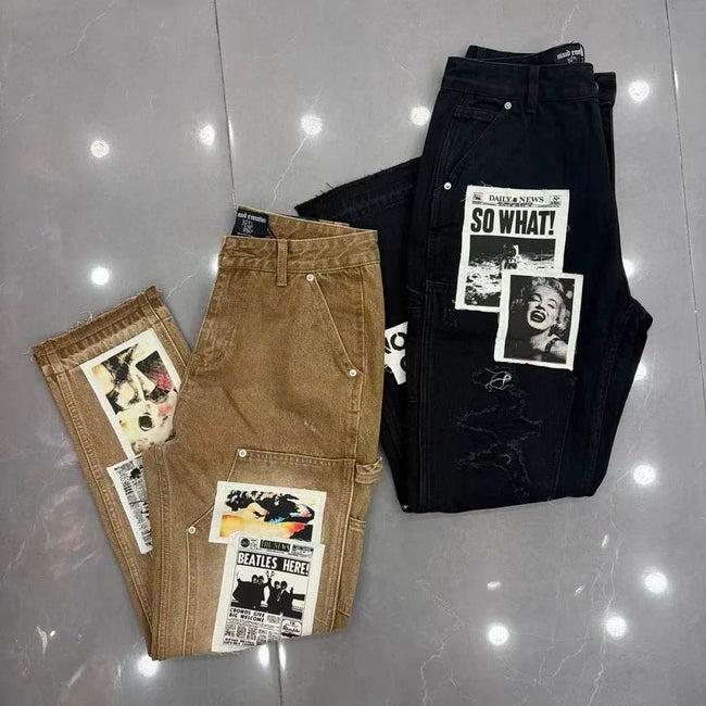 Mixed Emotion Newspaper Patchwork Flare Cargo Jeans Hover Image